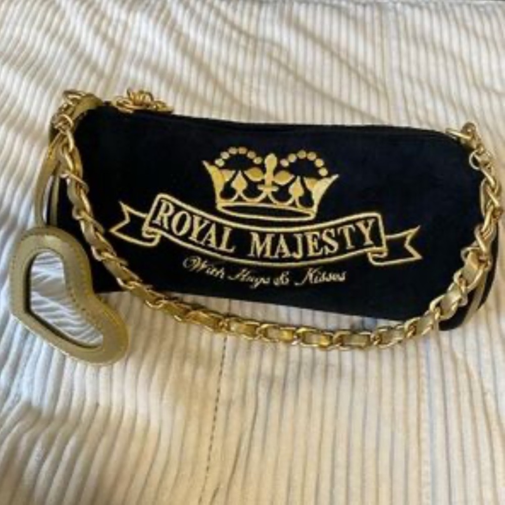 Juicy Couture Royal Majesty Black Suede and Gold Mini Barrel Bag with gold chain